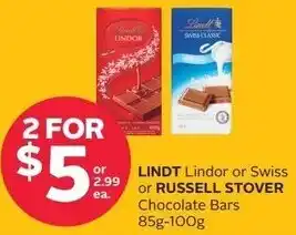 Rexall Lindt Lindor Or Swiss Or Russell Stover Chocolate Bars 85g-100g offer
