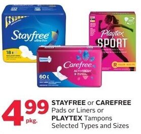 Rexall Stayfree Or Carefree Pads Or Liners Or Playtex Tampons offer