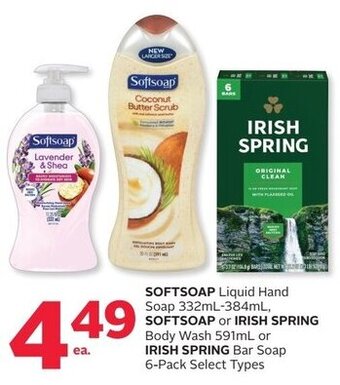 Rexall Softsoap Liquid Hand Soap 332ml-384ml, Softsoap Or Irish Spring Body Wash 591ml Or Irish Spring Bar Soap 6-Pack offer