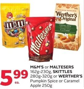 Rexall M&M's Or Maltesers 162g-230g, Skittles 280g-320g Or Werther's Pumpkin Spice Or Caramel Apple 250g offer