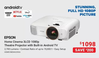 Visions Electronics Epson home cinema 3lcd 1080p theatre projector with built-in android tv offer