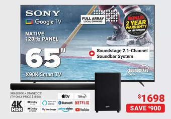 Visions Electronics Sony 65" x90k smart tv + soundstage 2.1-channel soundbar system offer
