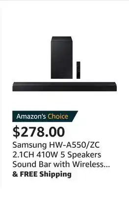 Amazon Samsung hw-a550/zc 2.1ch 410w 5 speakers sound bar with wireless subwoofer [canada version] (2021) offer