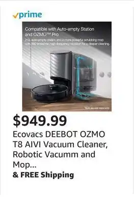 Amazon Ecovacs deebot ozmo t8 aivi vacuum cleaner, robotic vacumm and mop in one-go, precise laser mapping smart ai object recogniti offer