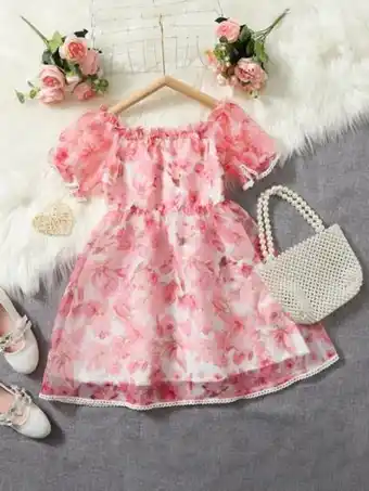 SheIn Shein girls floral print frill trim puff sleeve organza party dress offer