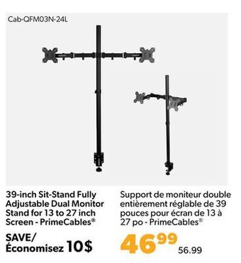 Shopper+ 39-inch sit-stand fully adjustable dual monitor stand for 13 to 27 inch screen - primecables offer