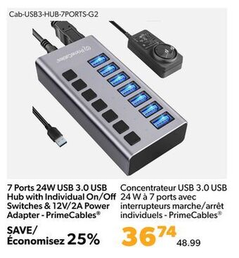 Shopper+ 7 ports 24w usb 3.0 usb hub with individual on/oﬀ switches & 12v/2a power adapter - primecables offer
