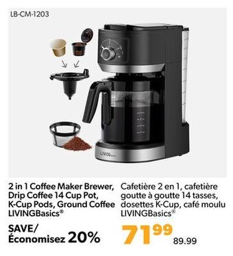 Shopper+ 2 in 1 coﬀee maker brewer, drip coﬀee 14 cup pot, k-cup pods, ground coﬀee livingbasics offer