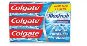 Walmart Colgate maxfresh value pack 3 x 150 ml, total value pack 3 x 120 ml offer