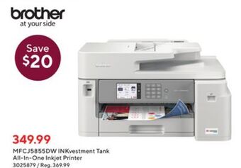Staples Brother mfcj5855dw inkvestment tank all-in-one inkjet printer offer