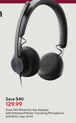 Staples Logitech zone 750 wired on-ear headset with advanced noise-canceling microphone offer