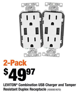 Home Depot Leviton combination usb charger and tamper resistant duplex receptacle offer