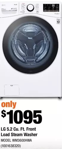 Home Depot Lg 5.2 cu. ft. front load steam washer offer