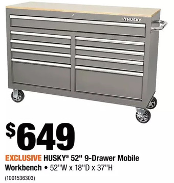 Home Depot Husky 52" 9-drawer mobile workbench offer