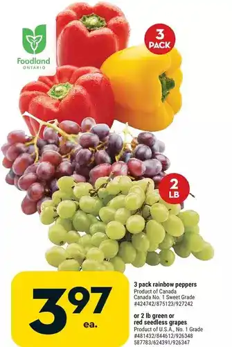 Giant Tiger Rainbow peppers or green or red seedless grapes offer