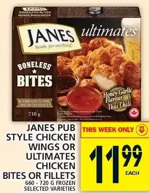 Food Basics Janes pub style chicken wings or ultimates chicken bites or fillets offer