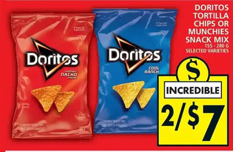 Food Basics Doritos tortilla chips or munchies snack mix offer