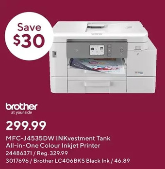 Staples Brother mfc-j4535dw inkvestment tank all-in-one colour inkjet printer offer