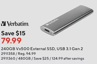 Staples Verbatim 240gb vx500 external ssd, usb 3.1 gen 2 | 480gb offer