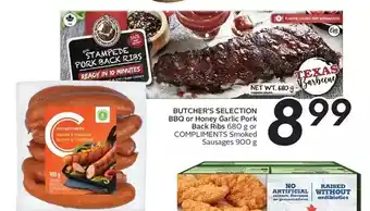 Sobeys Butcher's selection bbq or honey garlic pork back ribs or compliments smoked sausages offer