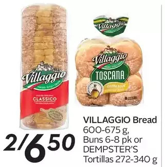 Sobeys Villaggio bread, buns or dempster's tortillas offer