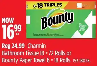 Canadian Tire Bounty charmin bathroom tissue 18 = 72 rolls or bounty paper towel 6 = 18 rolls offer
