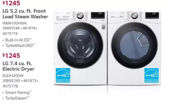 Lowe's Lg 5.2 cu. ft. front load steam washer | 7.4 cu. ft. electric dryer offer