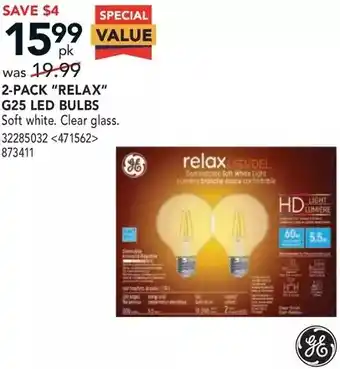 Lowe's 2-pack "relax" g25 led bulbs offer
