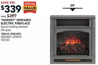 Lowe's "nordet" infrared electric fireplace. 1500-w. 5100-btu. offer