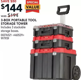 Lowe's 3-box portable tool storage tower offer