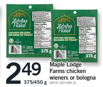 Fortinos Maple lodge farms chicken wieners or bologna, 375/450 g offer