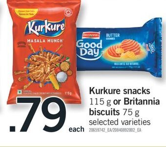 Fortinos Kurkure snacks, 115 g or britannia biscuits, 75 g offer