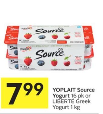 Foodland Yoplait source yogurt 16 pk or liberté greek yogurt 1 kg offer