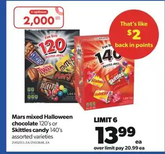 Real Canadian Superstore Mars mixed halloween chocolate, 120's or skittles candy, 140's offer