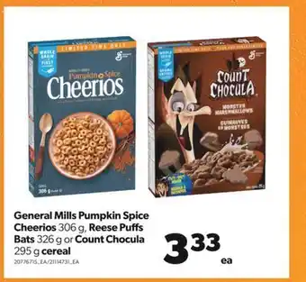 Real Canadian Superstore General mills pumpkin spice cheerios, 306 g, reese puffs bats, 326 g or count chocula, 295 g cereal offer
