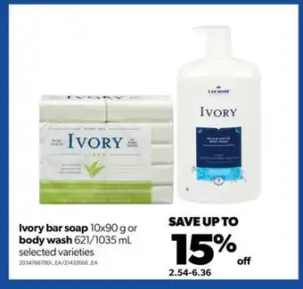 Real Canadian Superstore Ivory bar soap, 10x90 g or body wash, 621/1035 ml offer