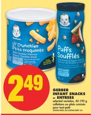 No Frills Gerber infant snacks or entrees, 42-192 g offer