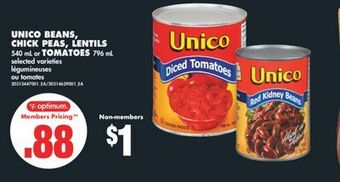 No Frills Unico beans, chick peas, lentils, 540 ml or tomatoes, 796 ml offer