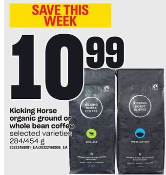 Loblaws Kicking horse organic ground or whole bean coffee, 284/454 g offer
