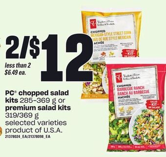 Loblaws Pc® chopped salad kits, 285-369 g or premium salad kits, 319/369 g offer