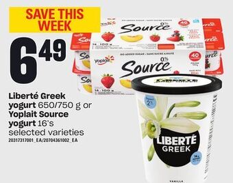 Loblaws Liberté greek yogurt, 650/750 g or yoplait source yogurt, 16's offer