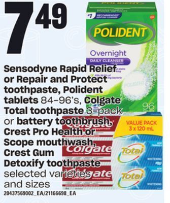 Loblaws Sensodyne rapid relief or repair and protect toothpaste, polident tablets, 84-96's, colgate total toothpaste, 3-pack or batte offer