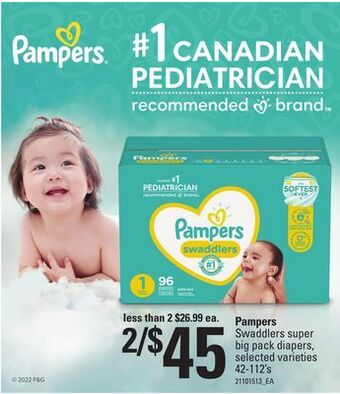 Loblaws Pampers swaddlers super big pack diapers, 42-112's offer