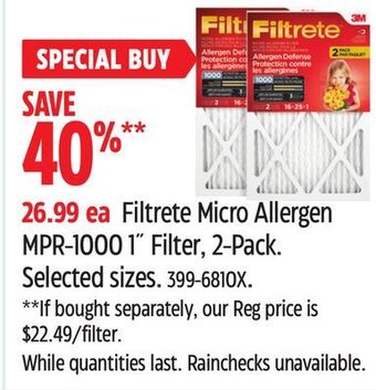 Canadian Tire Filtrete micro allergen mpr-1000 1" filter, 2-pack offer