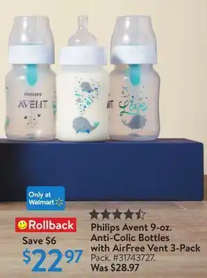 Walmart Philips avent 9- oz. anti-colic bottles with airfree vent 3-pack offer
