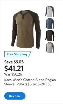 Walmart Kaesi men's cotton blend raglan sleeve t-shirts | size: s-2x | 5 colors offer