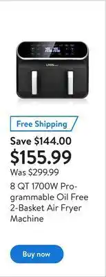 Walmart 8 qt 1700w programmable oil free 2-basket air fryer machine offer
