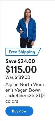 Walmart Alpine north women's vegan down jacket|size:xs-xl|2 colors offer