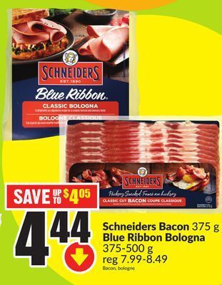 FreshCo Schneiders bacon 375 g blue ribbon bologna 375-500 g offer