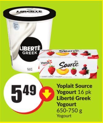 FreshCo Yoplait source yogourt 16 pk liberté greek yogourt 650-750 g offer